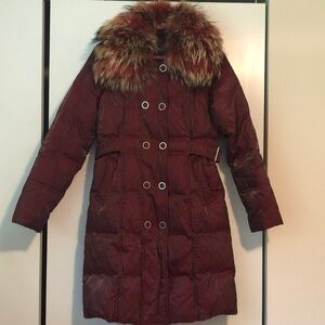 Flash Geo 3/4 Length Burgundy Quilted Puffer Coat with Faux Fur Trim Size S/P